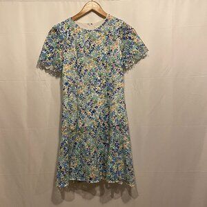 Shoshanna Size 2 Knee Length Fit/Flare Lace White/Blue/Yellow with Sleeve Dress